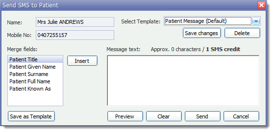 Example Send SMS to Patient window
